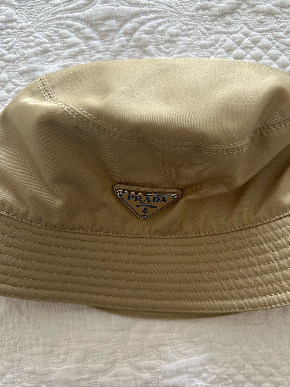 Prada Beige Nylon Bucket Hat with Logo Plaque